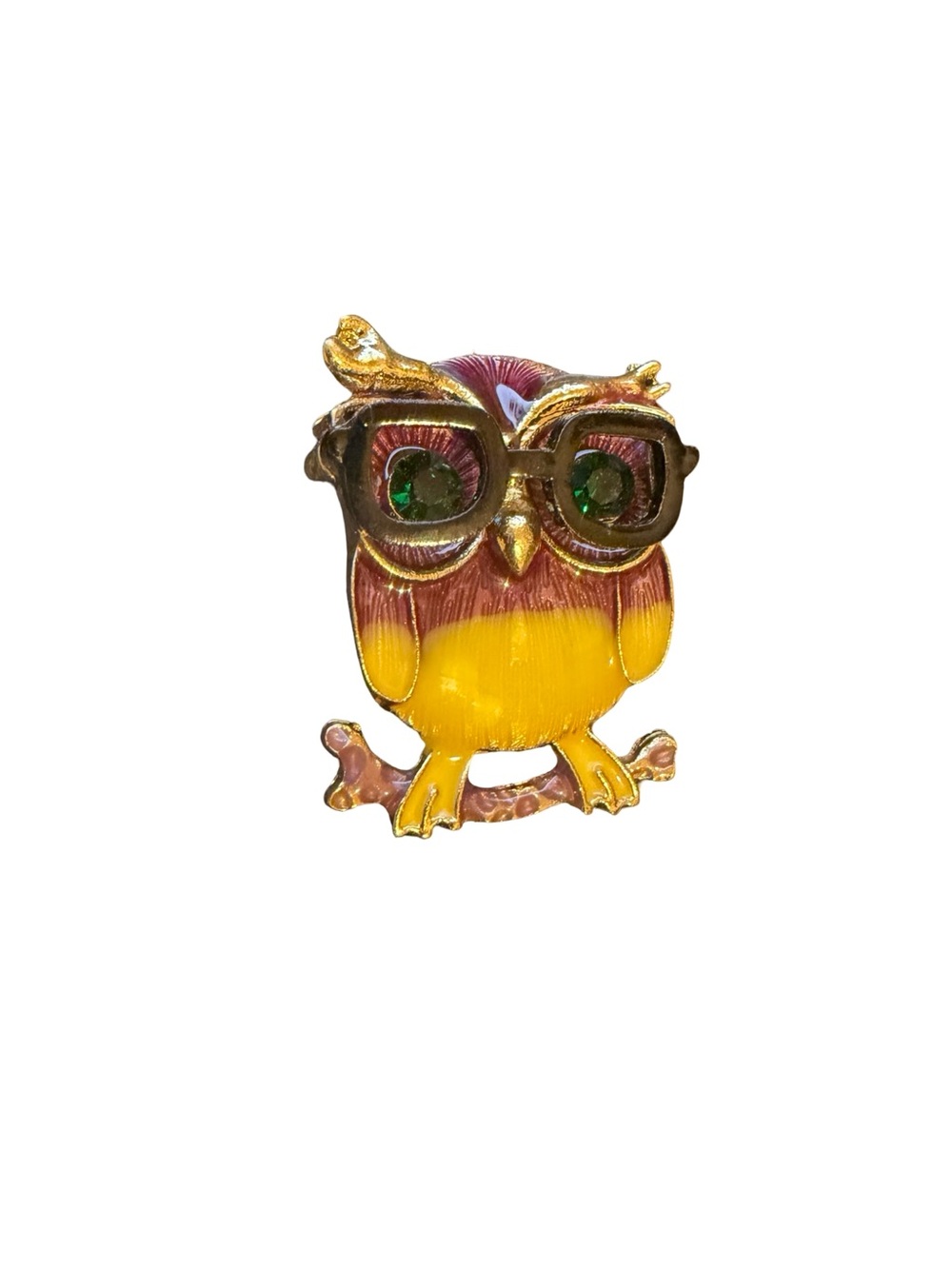 Yellow and Brown Owl with Glasses and Jeweled Green Eyes